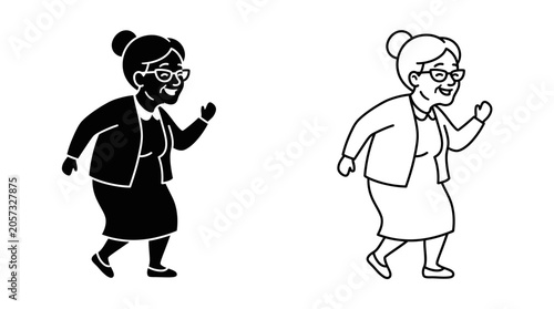 Photography Elderly Woman Silhouette In Walking Pose Black And White Illustration