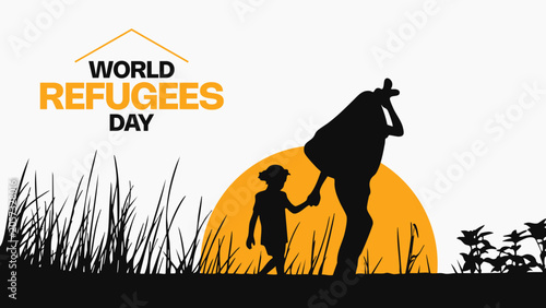Foto World Refugee Day Banner Template with Refugee Family Silhouette and Humanitaria