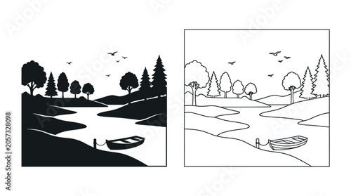 Φωτογραφία Riverscape Silhouette With Trees And Boat On White Background