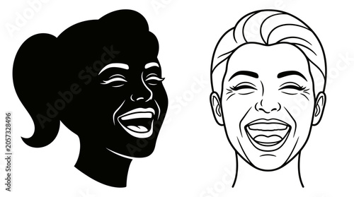 Tableau sur toile Woman s face silhouette and line art joyful expression