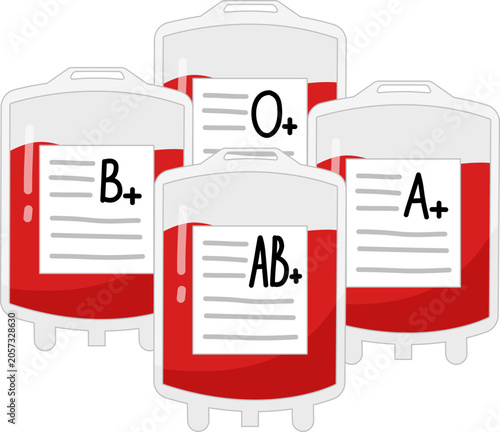 Illustration of Blood Bags with Different Blood Types