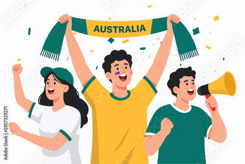 Vector illustration of enthusiastic Australian football supporters celebrating a victory with national colors, fan scarf, cheering crowd, and festive atmosphere. Ideal for soccer tournaments, champion
