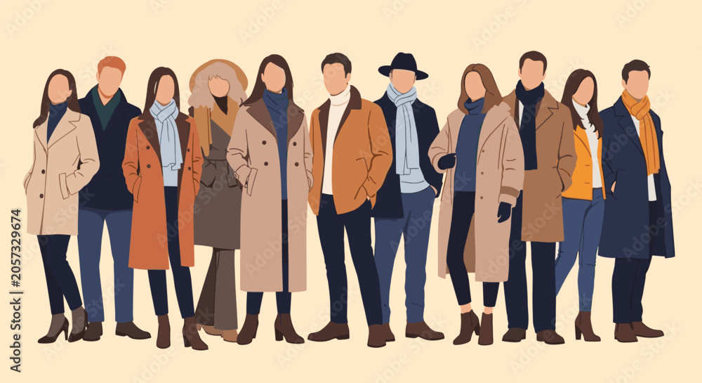 Obraz premium Group of fashionable people dressed in various stylish winter coats and trendy seasonal outfits standing together on a plain background.