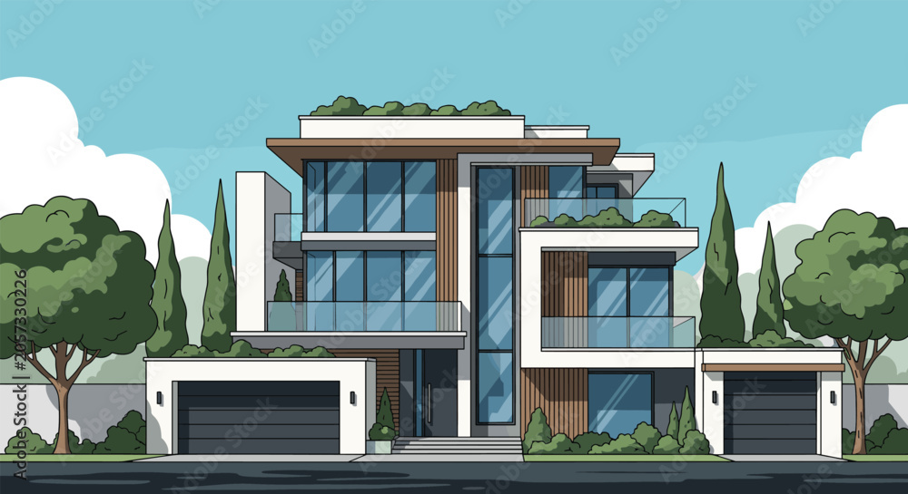 Obraz premium Modern luxury villa with multiple levels, extensive glass windows, green terraces, and a clean architectural design under a blue sky.
