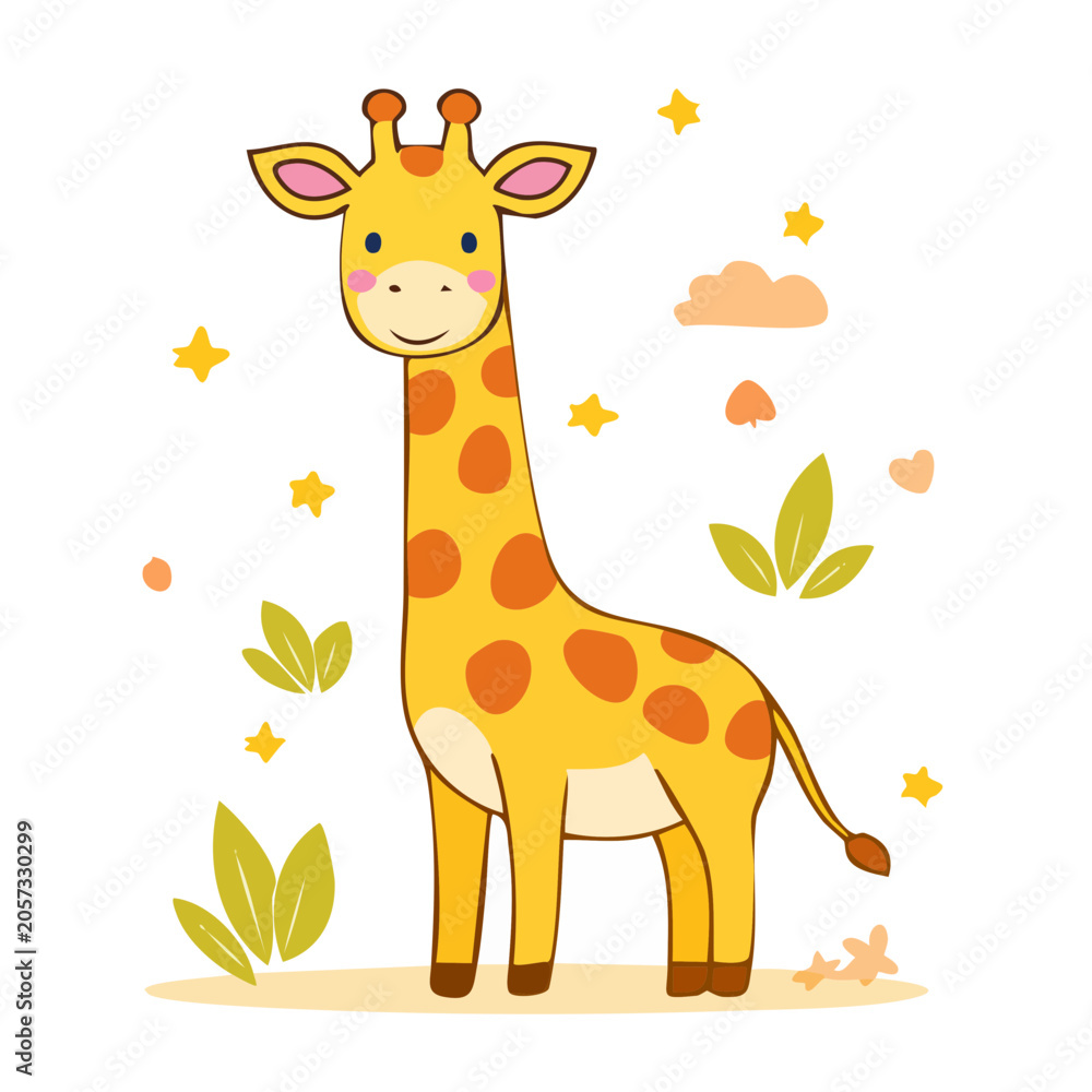 Obraz premium Cute cartoon giraffe with leaves and stars