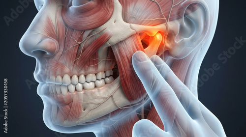 Anatomy illustration of TMJ pain and jaw muscle inflammation