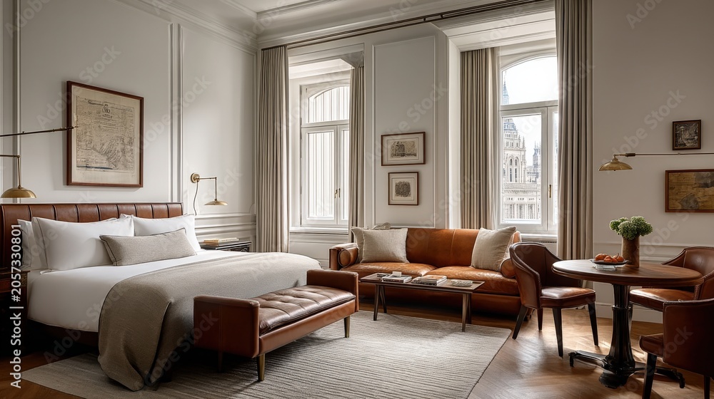 Fototapeta premium Elegant Luxury Hotel Suite with King Bed, Sofa, and Seating Area bathed in Natural Light