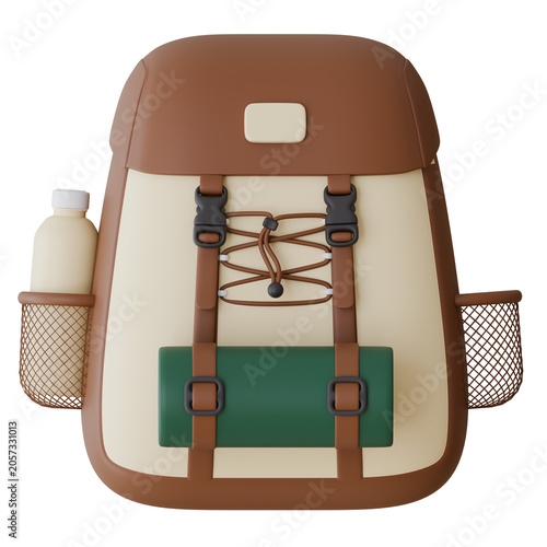 3D rendering illustration of a cute camping backpack with a water bottle and sleeping mat isolated on a transparent background, perfect for travel concepts.