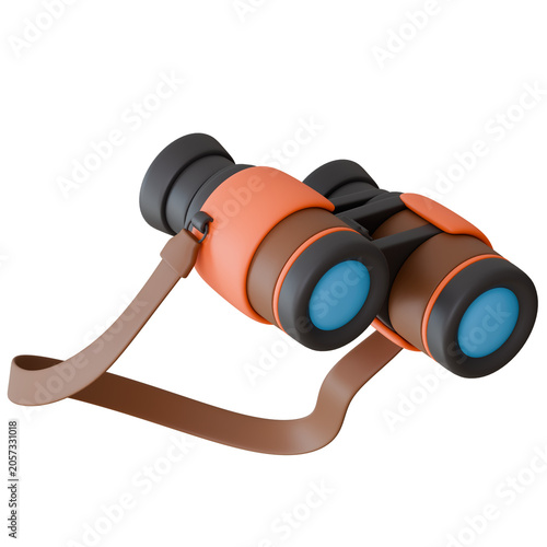 3D realistic cute binoculars icon with a brown strap isolated on a transparent background, ideal for bird watching, exploring, and safari theme designs.