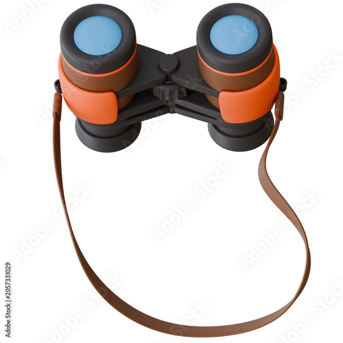 3D realistic cute binoculars icon with a brown strap isolated on a transparent background, ideal for bird watching, exploring, and safari theme designs.