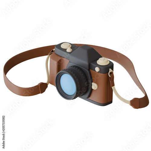 3D vintage photo camera icon with a leather strap isolated on a transparent background, perfect for photography, travel blogging, and creative designs.