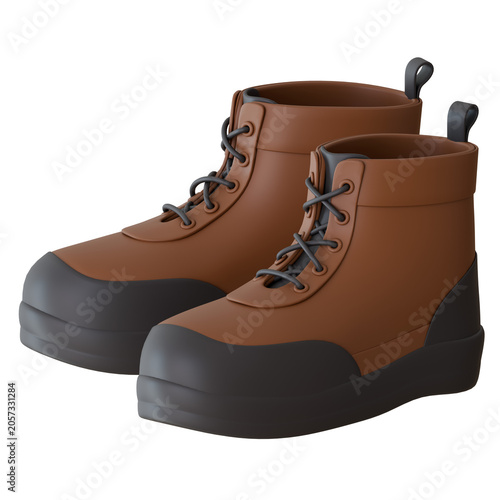 3D rendering brown leather hiking boots icon isolated on a transparent background, perfect for trekking, camping, and active outdoor adventure lifestyle.