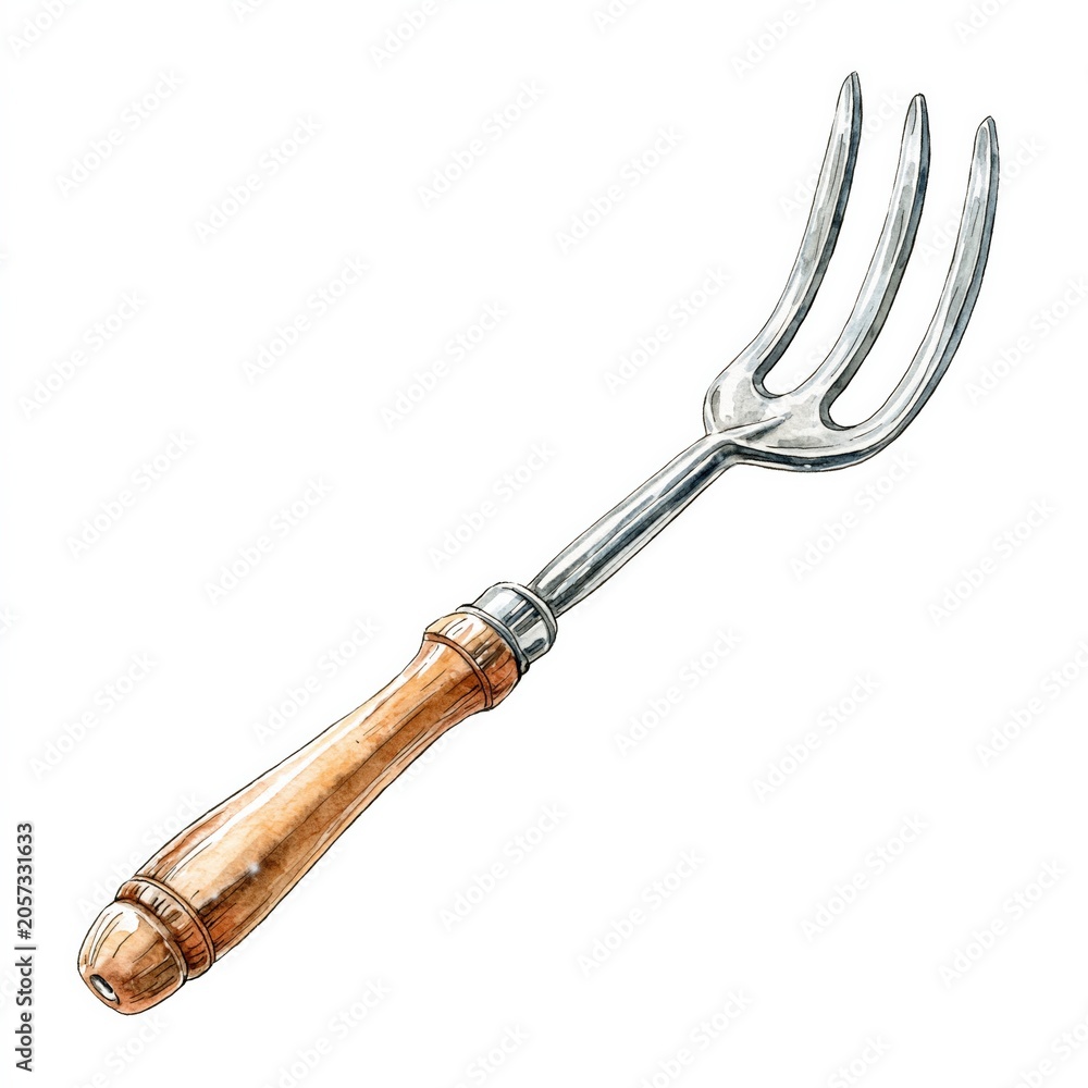 Fototapeta premium Watercolor Illustration of a Garden Fork with Wooden Handle Isolated on White Background