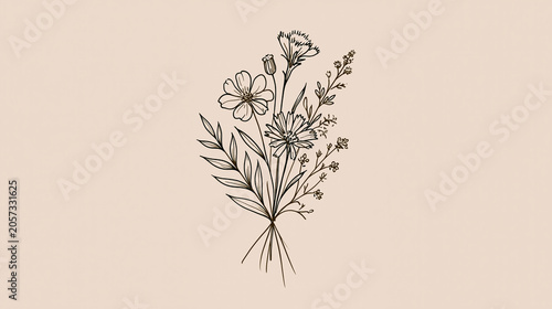 Single line wildflower bouquet on soft beige showcasing minimal botanical line art and refined stationery design concept