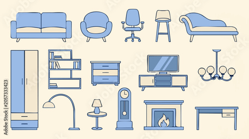 Schilderij op canvas Minimalist vector illustration of modern home furniture and decor items