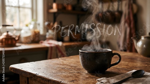 Rising steam from a rustic hot mug of coffee on a wooden table forms the word 'PERMISSION' as a cozy metaphor for granting oneself a moment of rest and self-care.