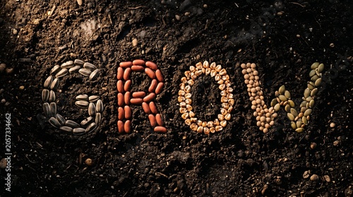 The word GROW spelled out with various seeds including sunflower, red beans, corn, and pumpkin seeds on dark fertile garden soil, representing agricultural growth and sustainable farming.