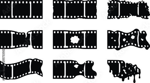 Bild auf Leinwand Collection of nine black silhouette film strips with various damage and distorti