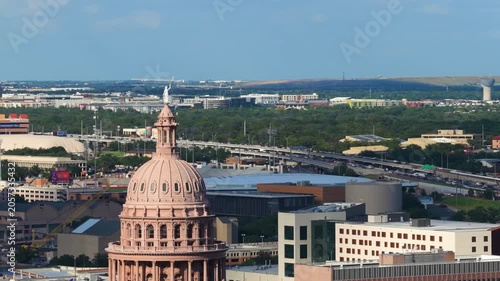 Aerial Telephoto Texas State Capitol Dome and I-35 Traffic Austin Part 1 of 2