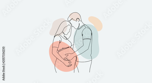 Expecting couple embracing in minimalist line art style