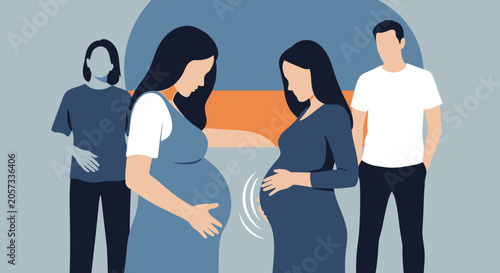 Pregnant women in modern flat style with abstract background and family