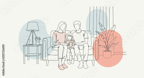 Family relaxing together on sofa in modern minimalist home setting