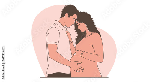 Expectant couple embracing in minimalist art style