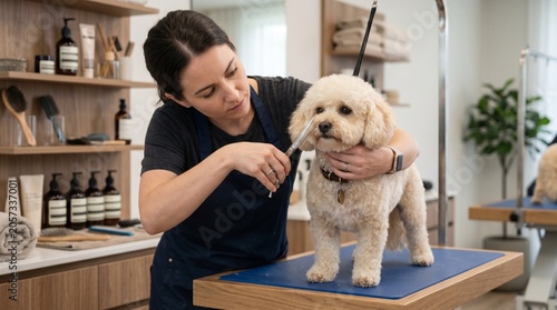 Skilled groomer styles dog face with scissors at specialized pet grooming salon
