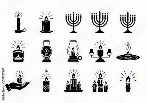 Set of black icons featuring various burning candles, lanterns, and a traditional menorah