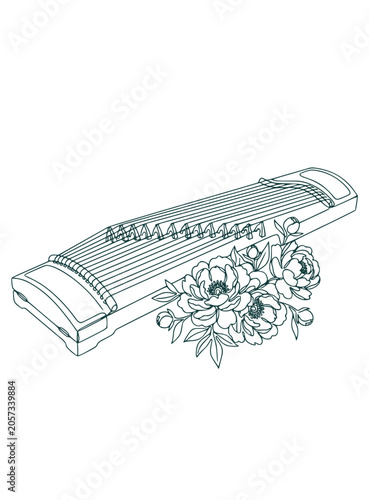 Photography Illustration of Chinese zither with Flowers
