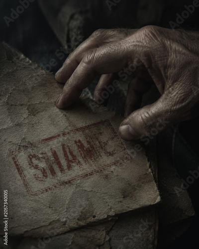 Old hand holding worn paper stamped with shame conveys consequences and accountability in moody narrative of regret and resilience