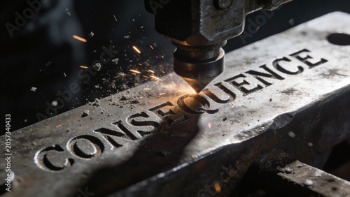 Consequence accountability metal engraving metal engraving industrial workshop laser sparks machinery tool steel closeup manufacturing production texture craft design typography word concept