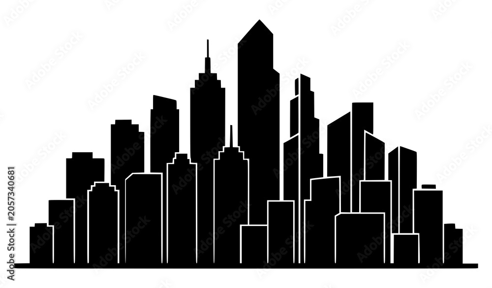 Fototapeta premium Monochrome City Skyline Icon Vector with Modern Skyscraper Building Cluster Silhouette