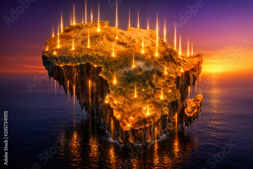 Africa rising vertical continent 3D render glowing amber gold with city beams Africa Day African Union pan-Africanism May 25 decolonization independence unity solidarity