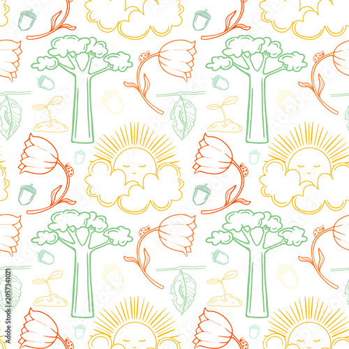 Seamless pattern with hand-drawn nature elements including suns with clouds, trees, flowers, ladybugs, acorns, and sprouts. Ideal for nursery textiles, kids' stationery, and eco-friendly packaging.