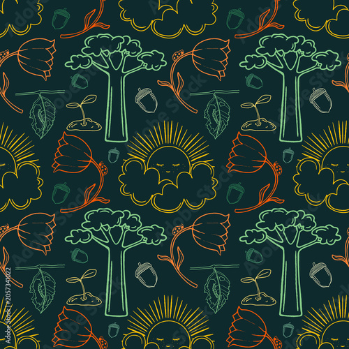 Seamless pattern with hand-drawn nature elements including suns with clouds, trees, flowers, ladybugs, acorns, and sprouts. Ideal for nursery textiles, kids' stationery, and eco-friendly packaging.
