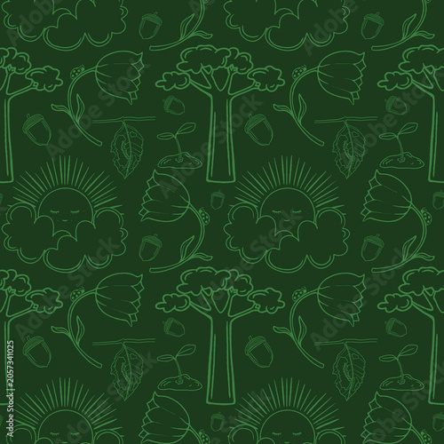 Monochrome green seamless pattern featuring whimsical nature doodles such as trees, flowers, suns with clouds, and acorns. Perfect for eco-themed baby products, fabric printing, and minimalist station