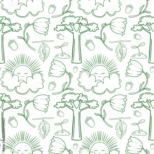 Monochrome green seamless pattern featuring whimsical nature doodles such as trees, flowers, suns with clouds, and acorns. Perfect for eco-themed baby products, fabric printing, and minimalist station