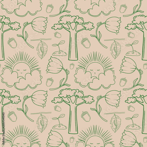 Monochrome green seamless pattern featuring whimsical nature doodles such as trees, flowers, suns with clouds, and acorns. Perfect for eco-themed baby products, fabric printing, and minimalist station