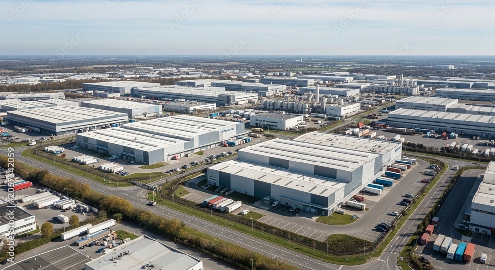 Obraz premium Expansive industrial estate with numerous warehouses and logistics operations under a clear sky