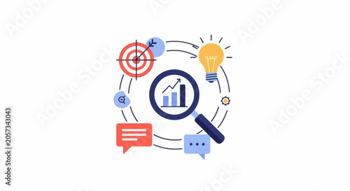 An illustration showing a magnifying glass over a graph, surrounded by icons of a target, lightbulb, and speech bubbles