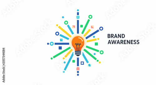 An illuminated bulb radiates colorful lines, circles, and squares, with text
