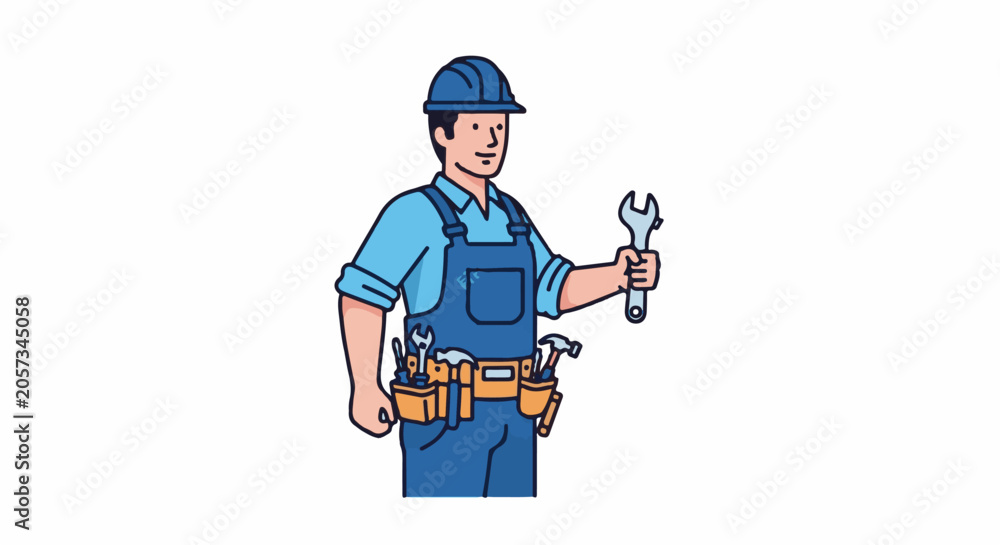 Fototapeta premium A cartoon handyman wearing blue overalls and a hard hat, holding a wrench