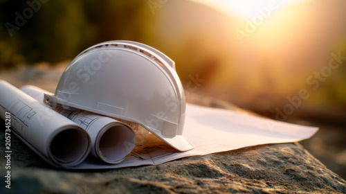 Hard hat and rolled technical drawings at a construction site during evening light