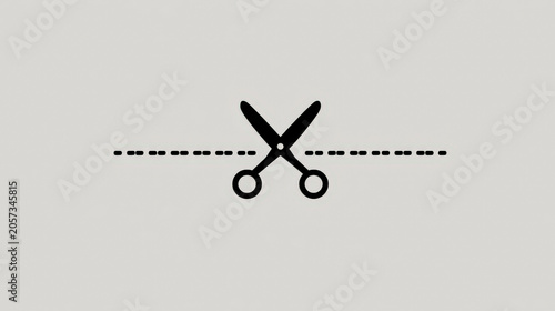 Black scissors icon cutting through a dashed line on a light gray background in flat design