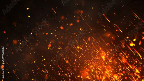 Fire sparks and ember particles float in the air against a dark background with an orange glow