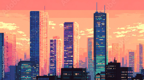 Pixel art skyline with tall buildings glowing against evening sky in retro arcade style