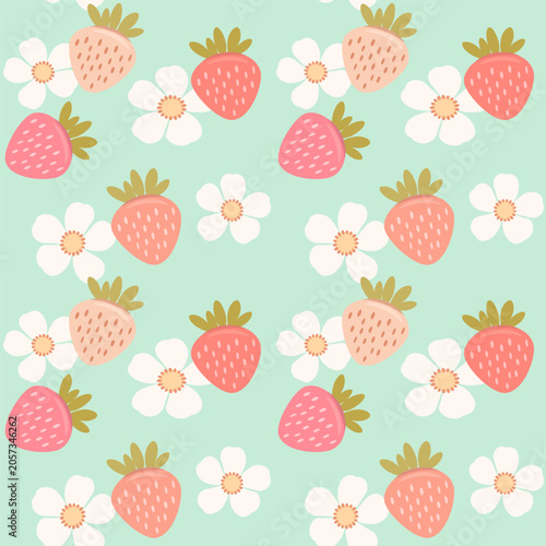 Seamless vector pattern with pink and red strawberries and white flowers on light blue background