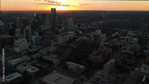 Aerial View of Downtown Austin Skyline and State Capitol at Sunset Part 1 of 3