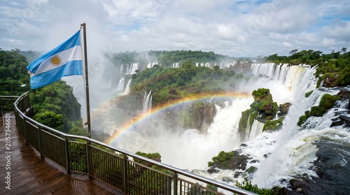 Iguazu Falls landscape featuring Argentina flag and rainbow over cascading water in lush jungle ideal for South American travel guides